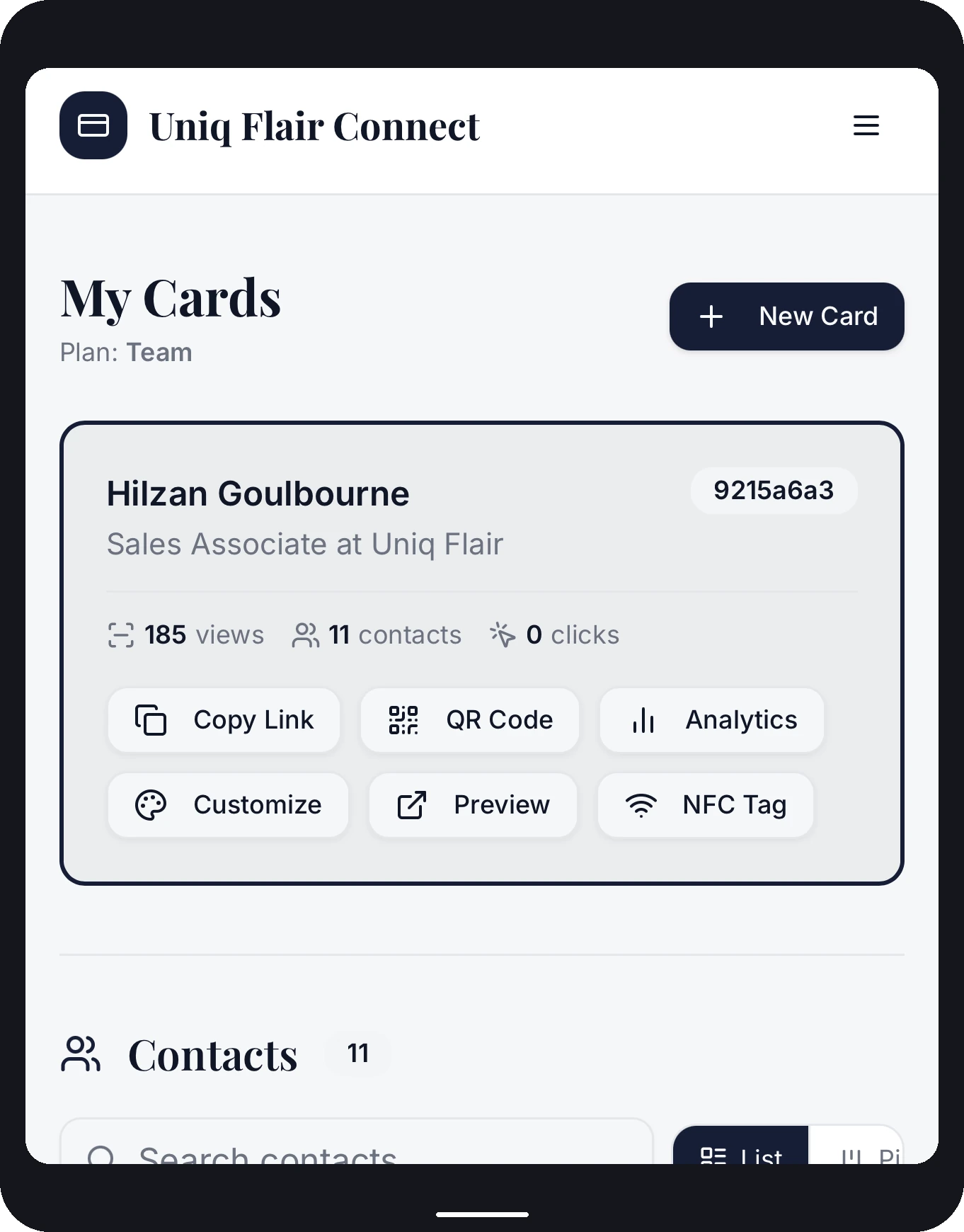 Uniq Flair Connect dashboard showing card views, contacts, and quick actions
