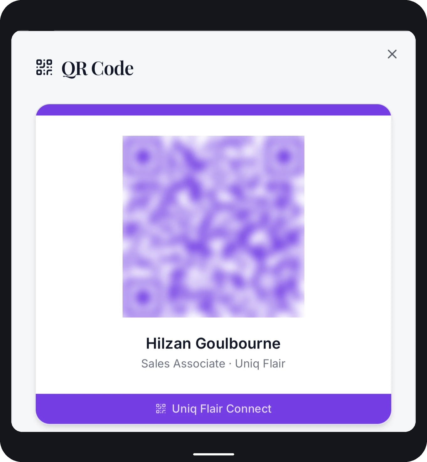 QR code screen for sharing your Uniq Flair Connect card