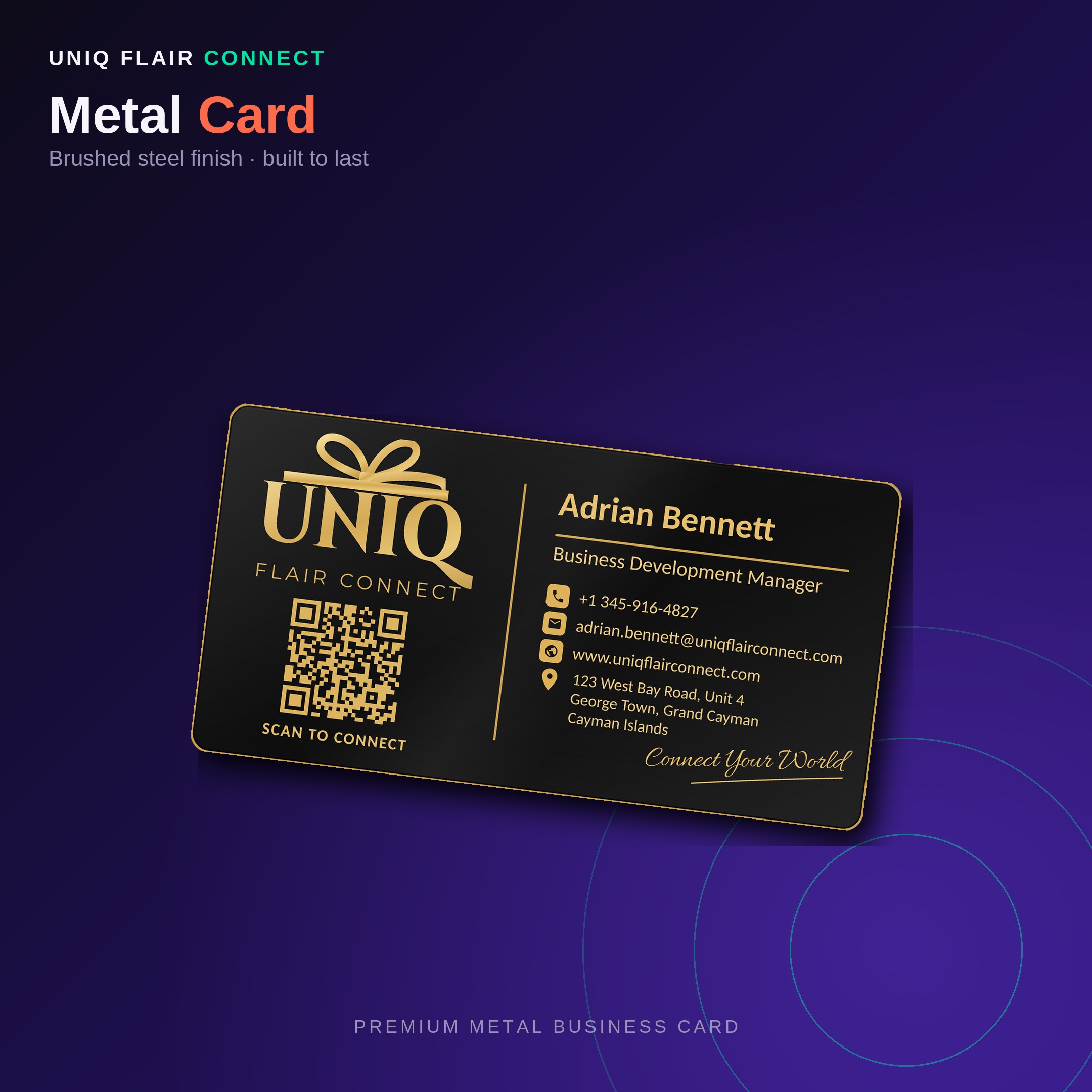 Uniq Flair Connect metal business card - Adrian Bennett