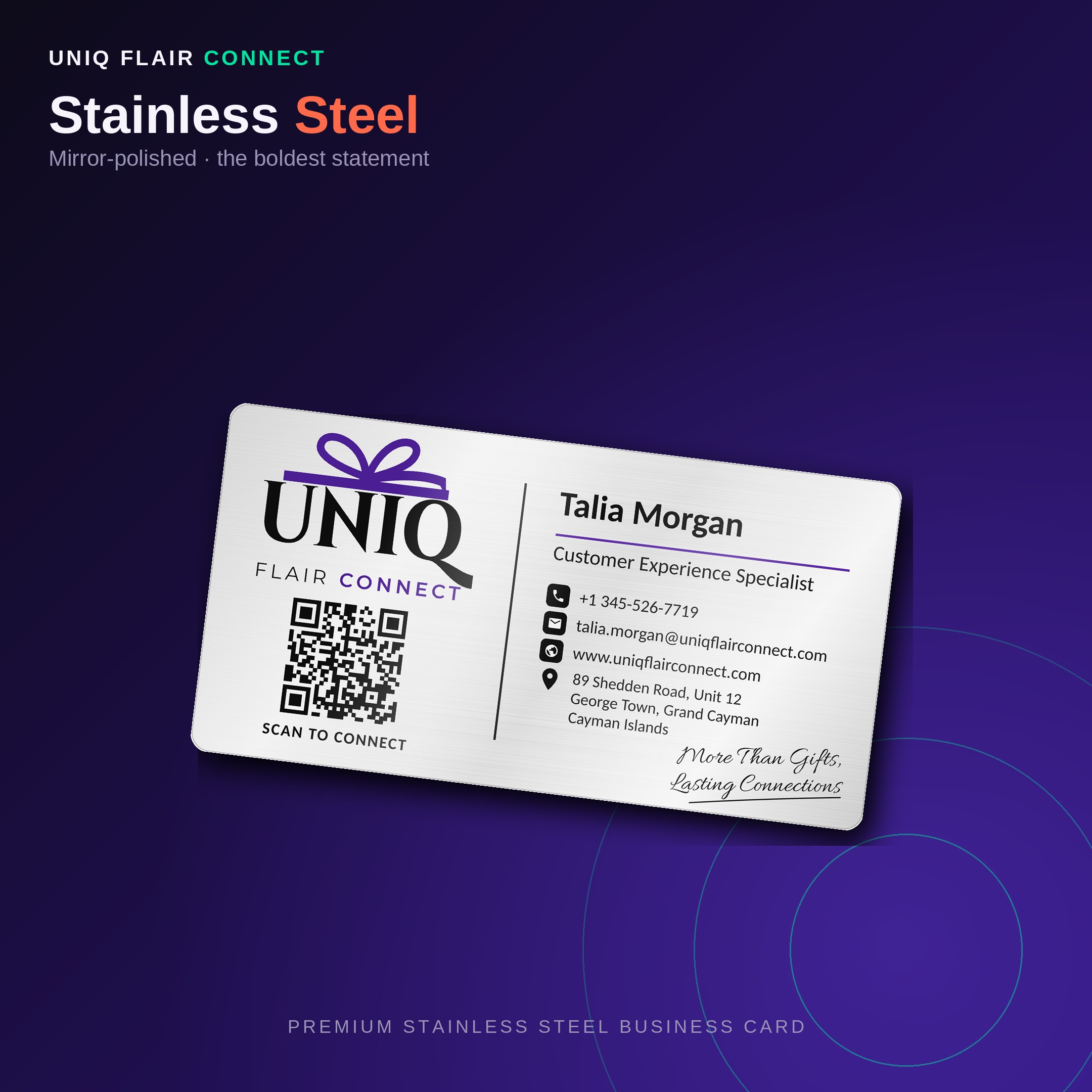 Uniq Flair Connect stainless steel business card - Talia Morgan